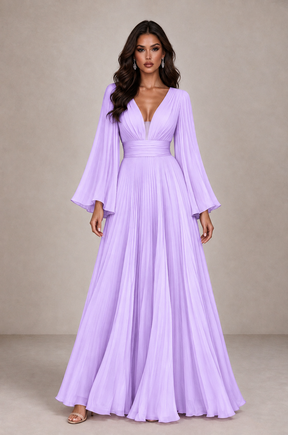 BOLODOO Lilac Pleated Deep V-Neck Long Bell Sleeve Evening Dress - Lilac - Lilac_1