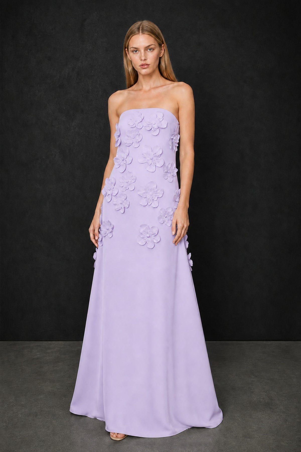 BOLODOO Lilac Strapless 3D Floral Appliqué Crepe Mermaid Maxi Gown - Lilac