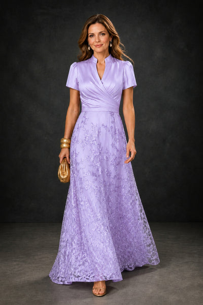 BOLODOO Lilac Satin Wrap V-Neck Short Sleeve Lace Glitter A-Line Floor Length Evening Gown – Formal Dress - Lilac