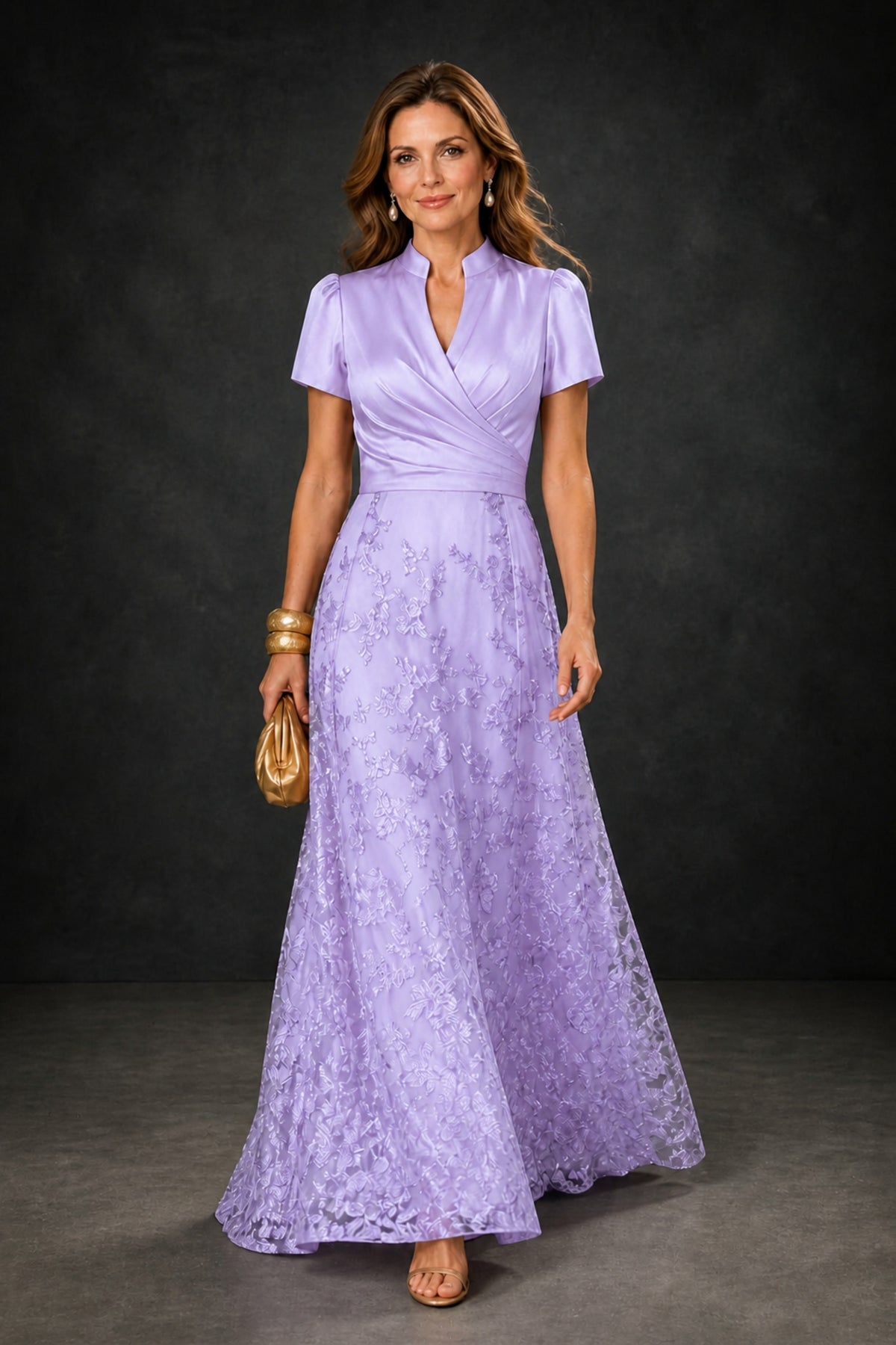 BOLODOO Lilac Satin Wrap V-Neck Short Sleeve Lace Glitter A-Line Floor Length Evening Gown – Formal Dress - Lilac