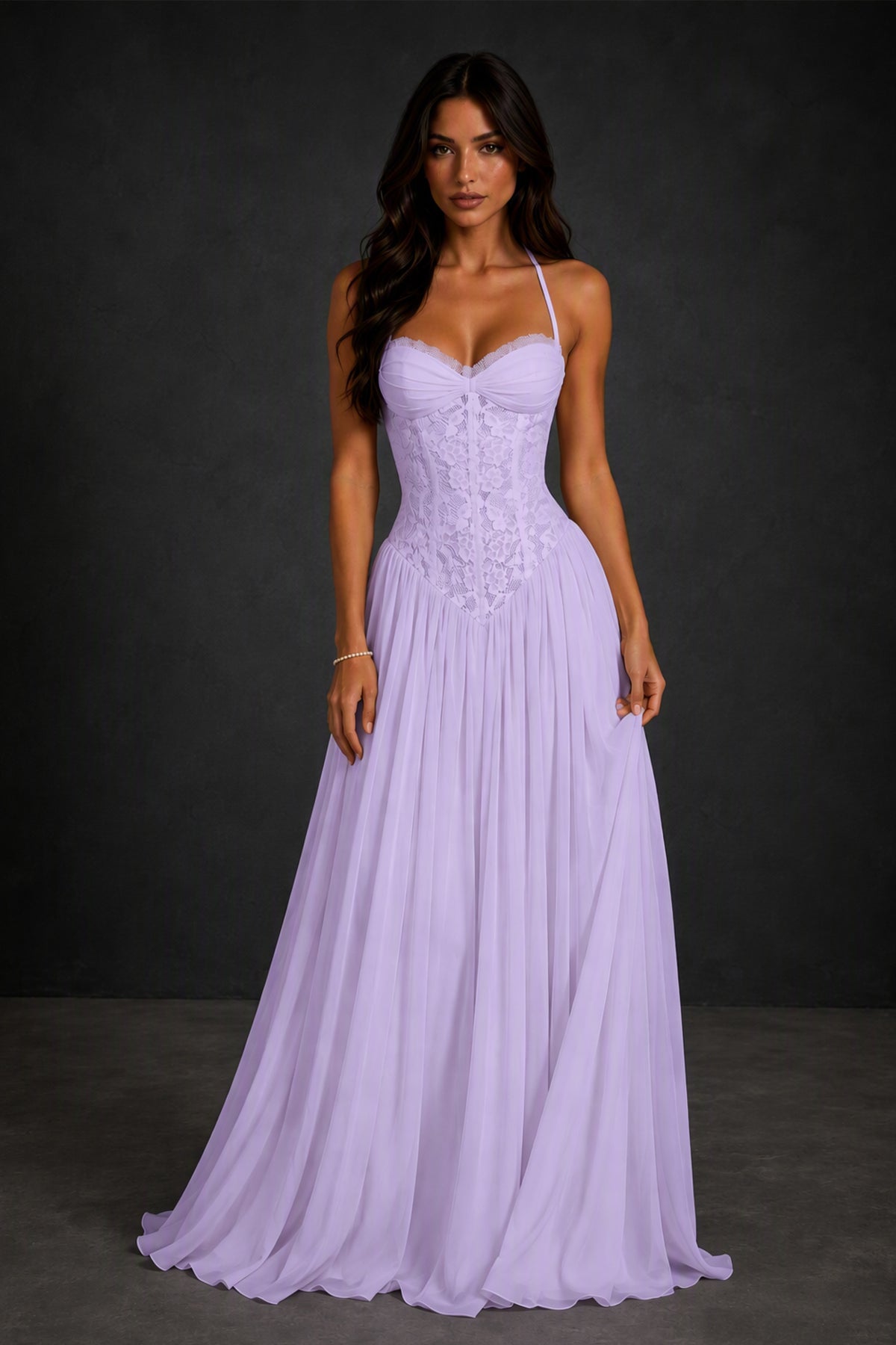 BOLODOO Lilac Lace Corset Halter Maxi Gown – Backless A-Line Formal Dress - Lilac