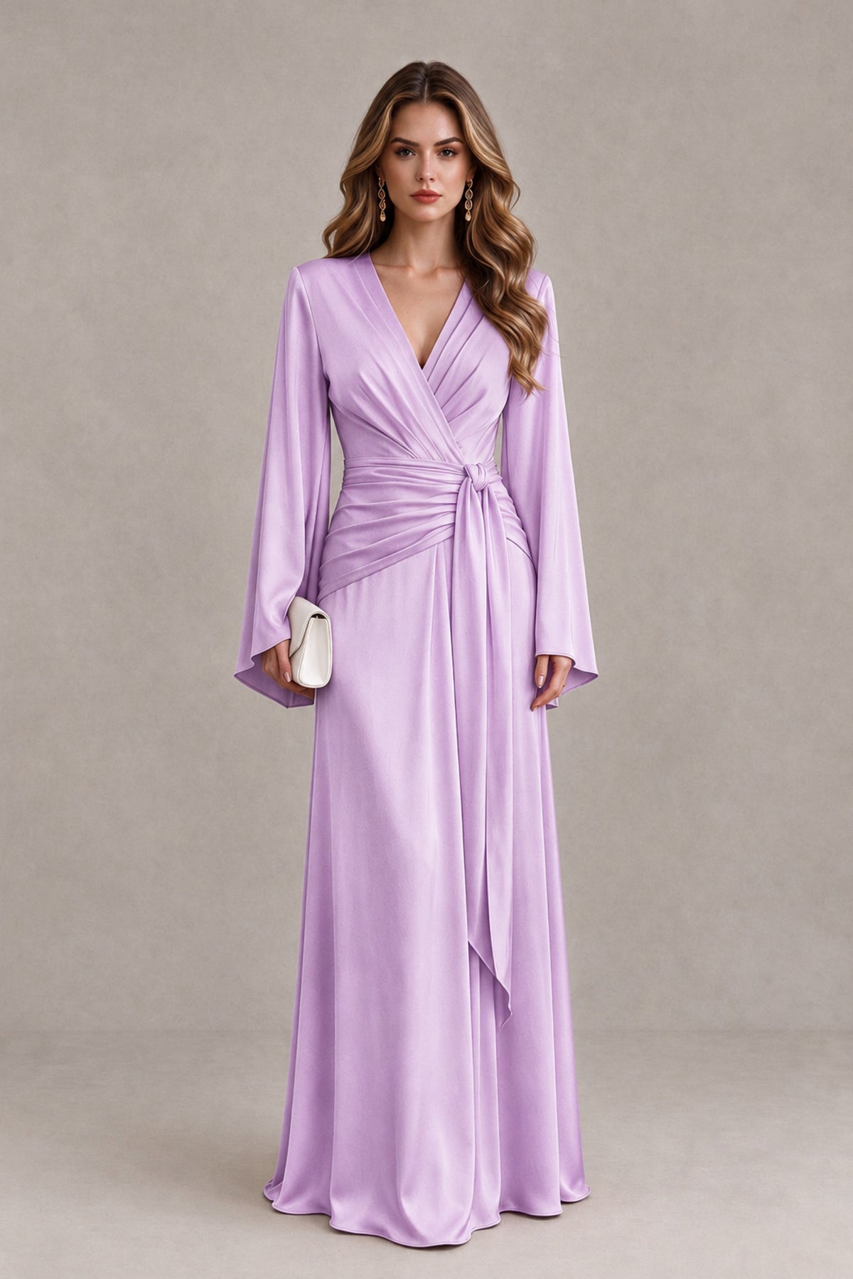 BOLODOO Lilac Yellow Satin-Look V-Neck Long Bell Sleeve Evening Dress - Lilac - Lilac_1