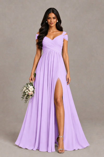 BOLODOO Lilac Cold Shoulder Chiffon Evening Dress with V Neck and High Slit - Lilac - Lilac_1