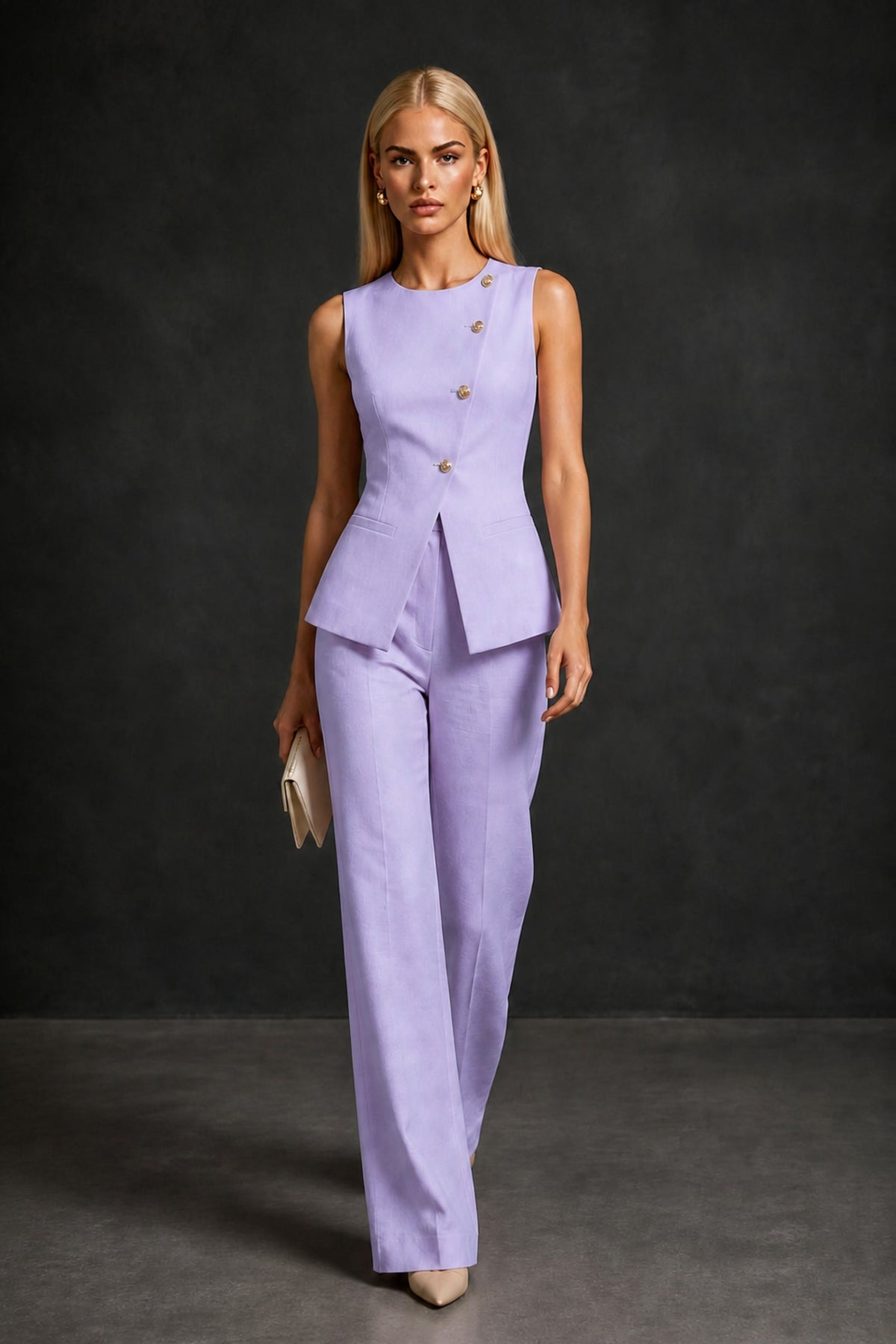 BOLODOO Lilac Sleeveless Vest Top & Wide-Leg Trousers Two-Piece Suit Set – Lilac Button Asymmetric Formal Set - Lilac