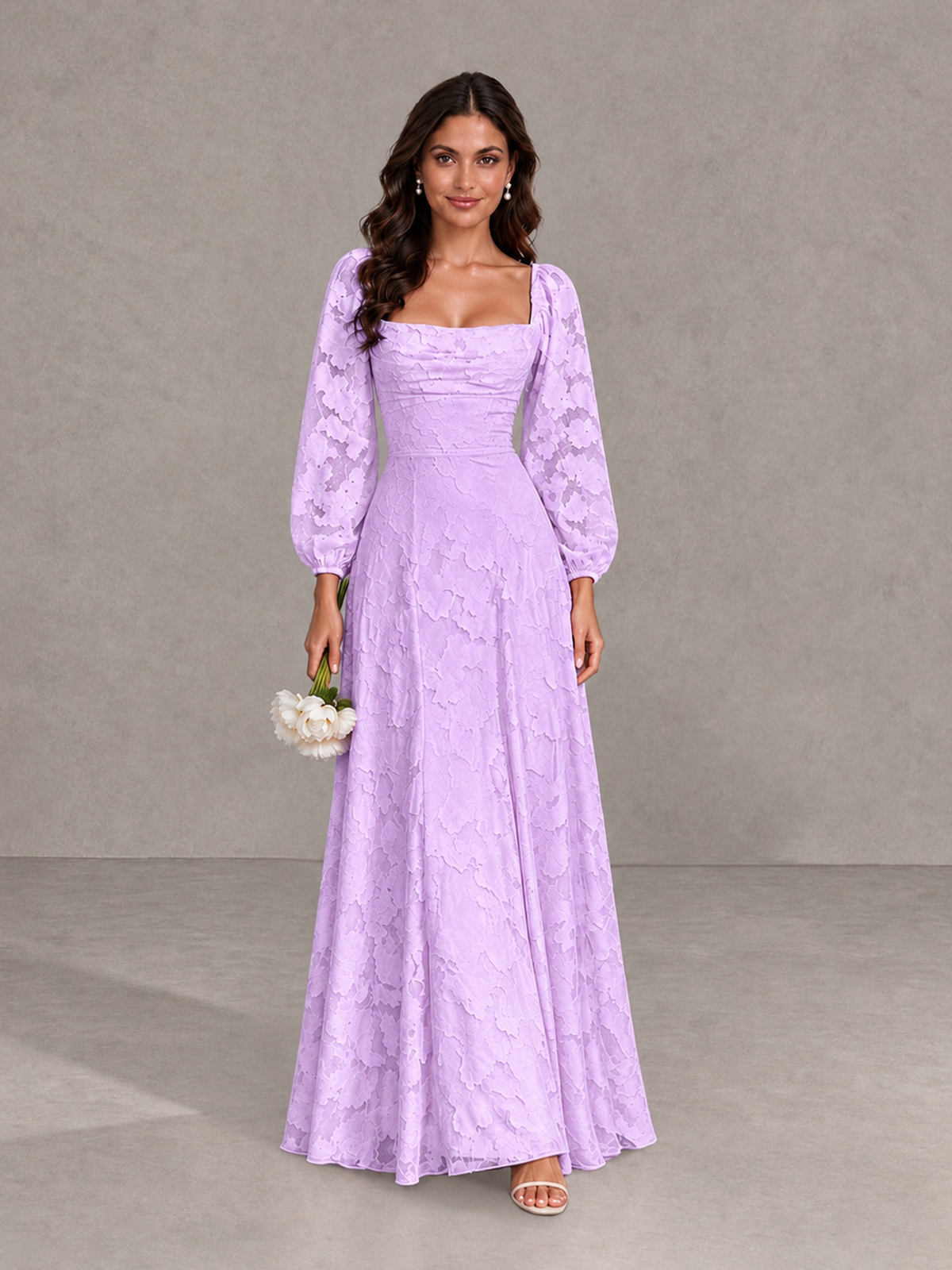 BOLODOO Lilac Floral Long Sleeve A-Line Bridesmaid Dress - Lilac - Lilac_1