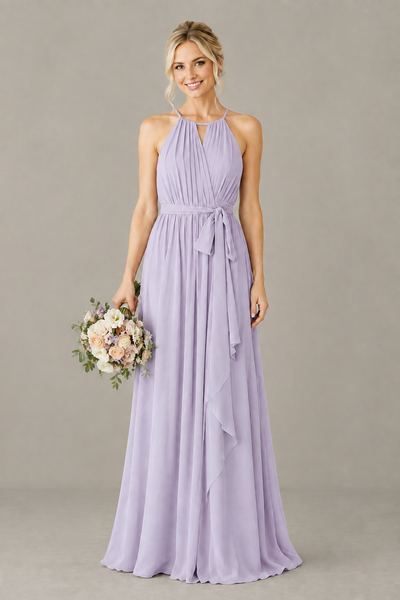 BOLODOO Lilac Halter Chiffon Bridesmaid Dress with High Slit - Lilac