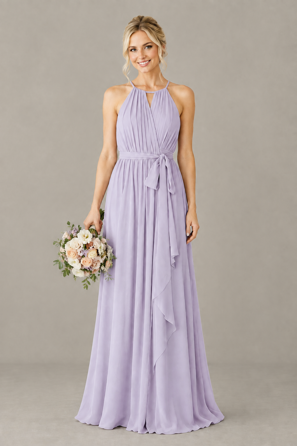 BOLODOO Lilac Halter Chiffon Bridesmaid Dress with High Slit - Lilac