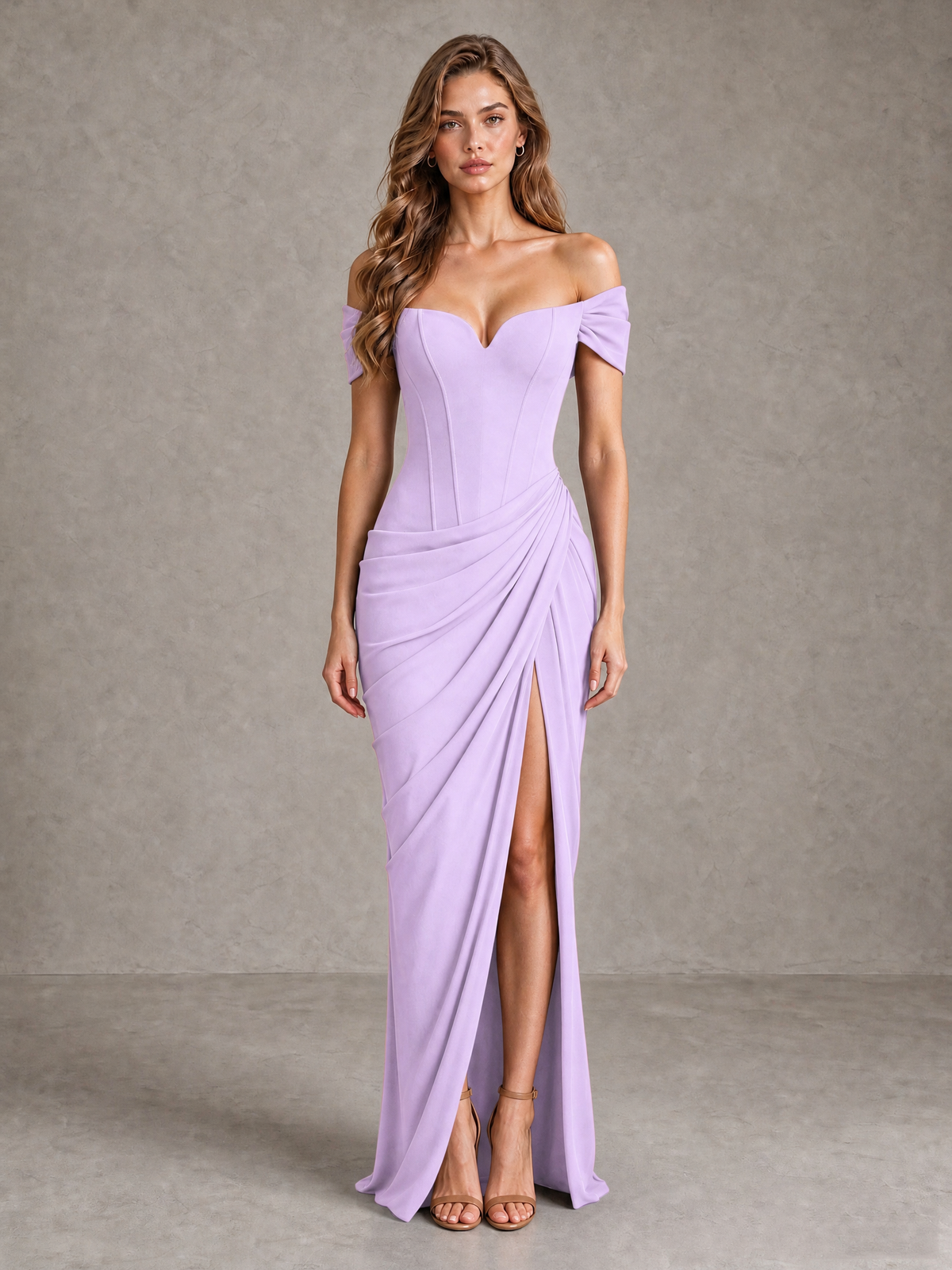 BOLODOO Lilac Off-Shoulder Ruched Corset Wedding Guest Dress with Slit - Lilac - Lilac_1