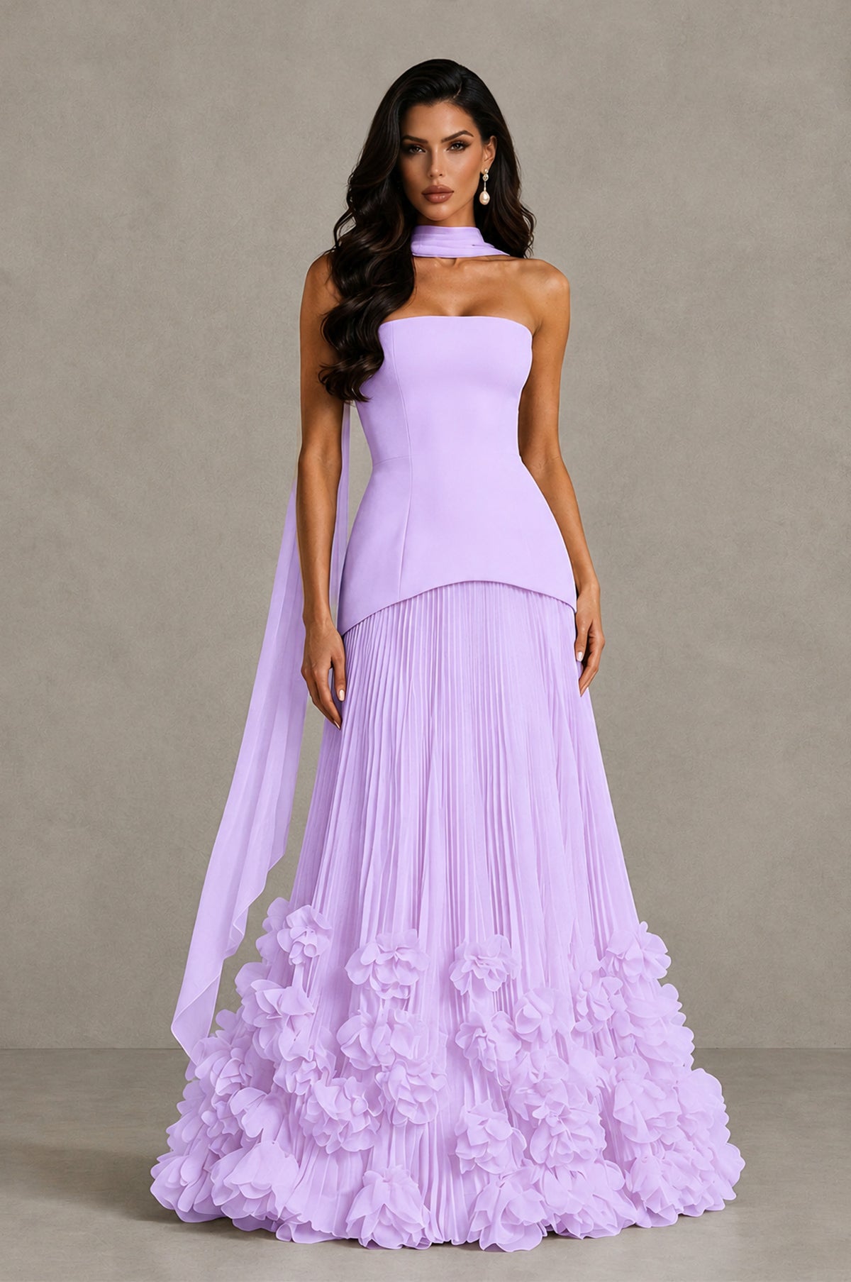 BOLODOO Lilac Strapless Pleated Floral Hem Evening Gown - Lilac - Lilac_1