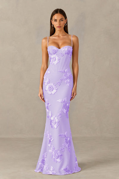 BOLODOO Lilac Floral Lace-Up Back Mermaid Maxi Dress - Lilac