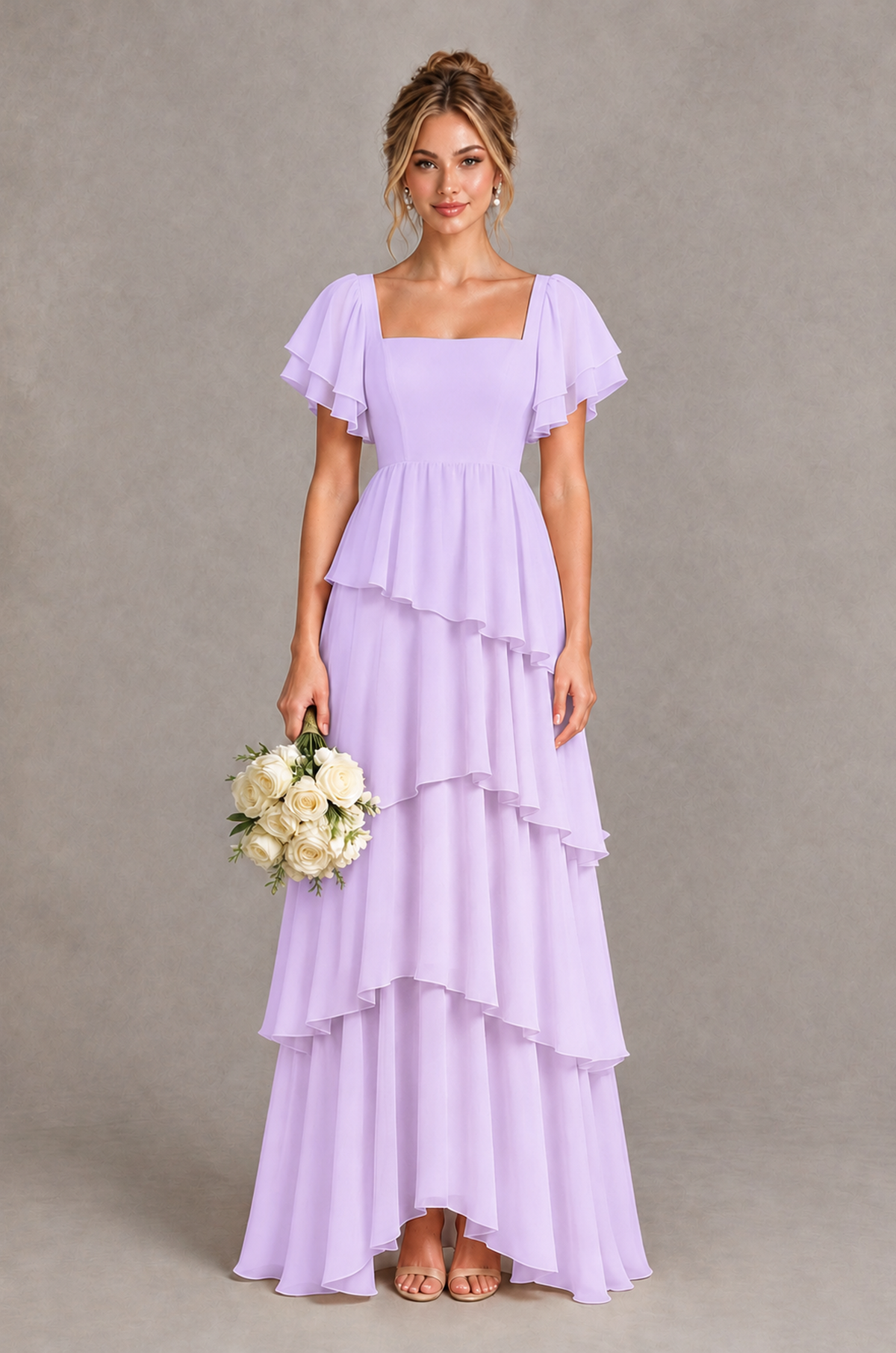 BOLODOO Lilac Square Neck Flutter Sleeve Tiered Chiffon Bridesmaid Dress with Lace-Up Back - Lilac - Lilac_1