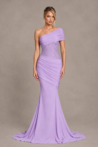 BOLODOO Lilac One-Shoulder Sequin Embroidered Ruched Mermaid Gown with Train - Lilac - Lilac_1