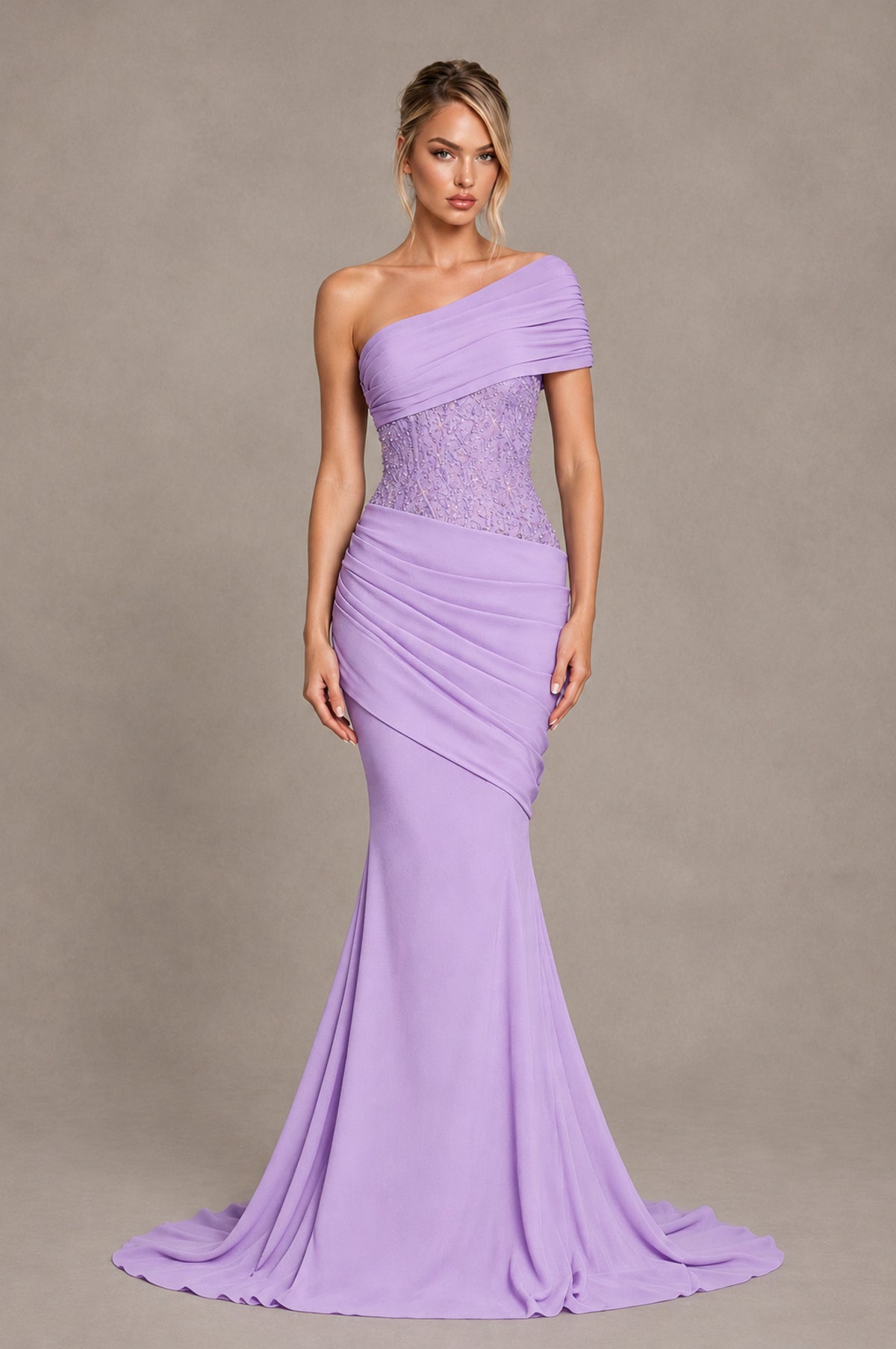 BOLODOO Lilac One-Shoulder Sequin Embroidered Ruched Mermaid Gown with Train - Lilac - Lilac_1