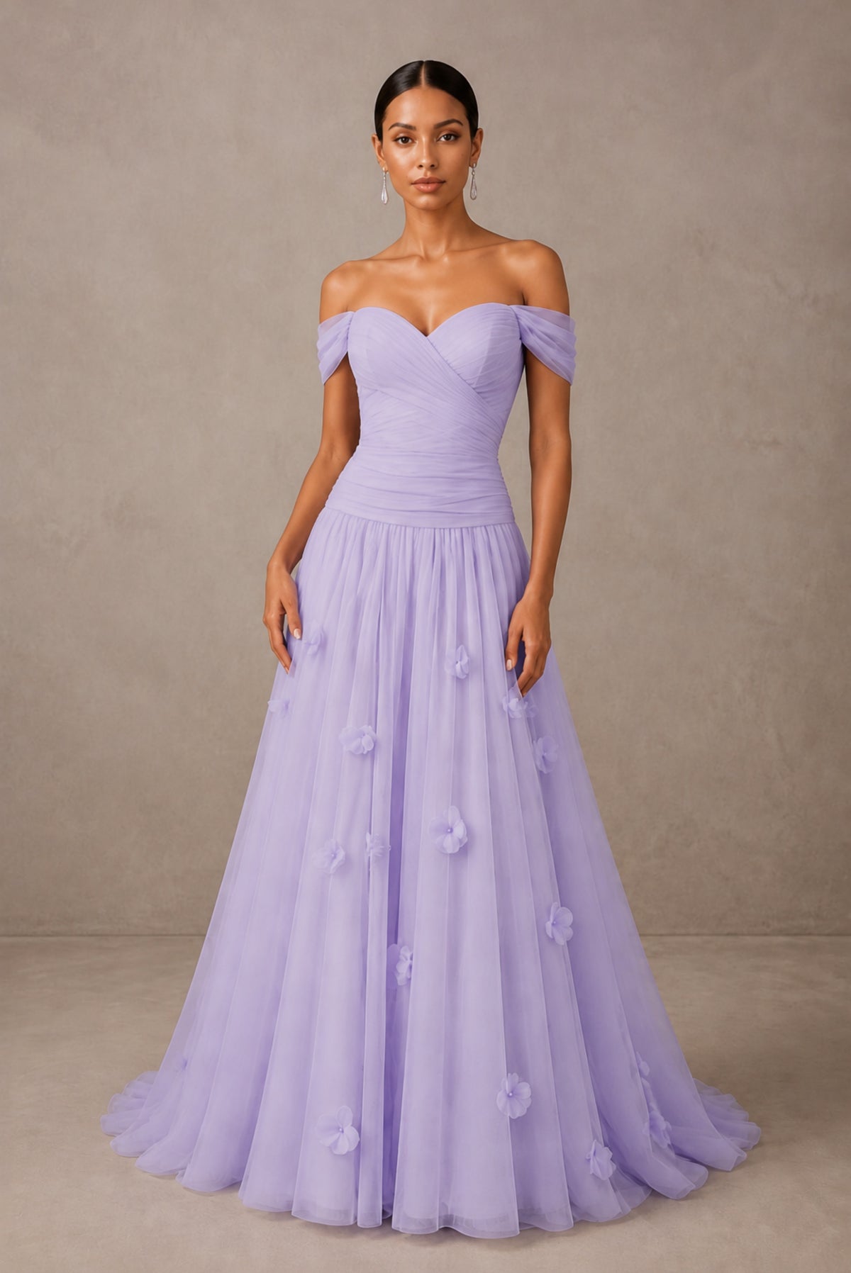Lilac Off-Shoulder Sweetheart A-Line Tulle Gown with 3D Floral Appliques | BOLODOO - Lilac