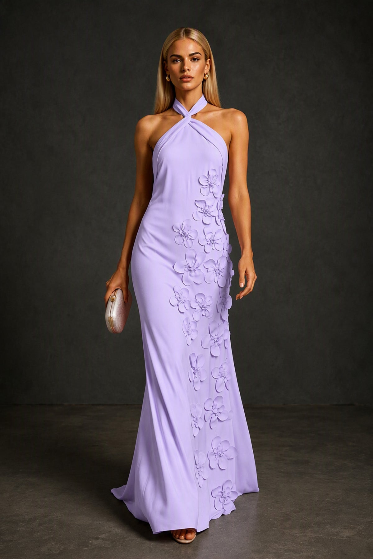 BOLODOO Lilac Cross Halter Neck 3D Floral Appliqué Backless Mermaid Maxi Gown - Lilac