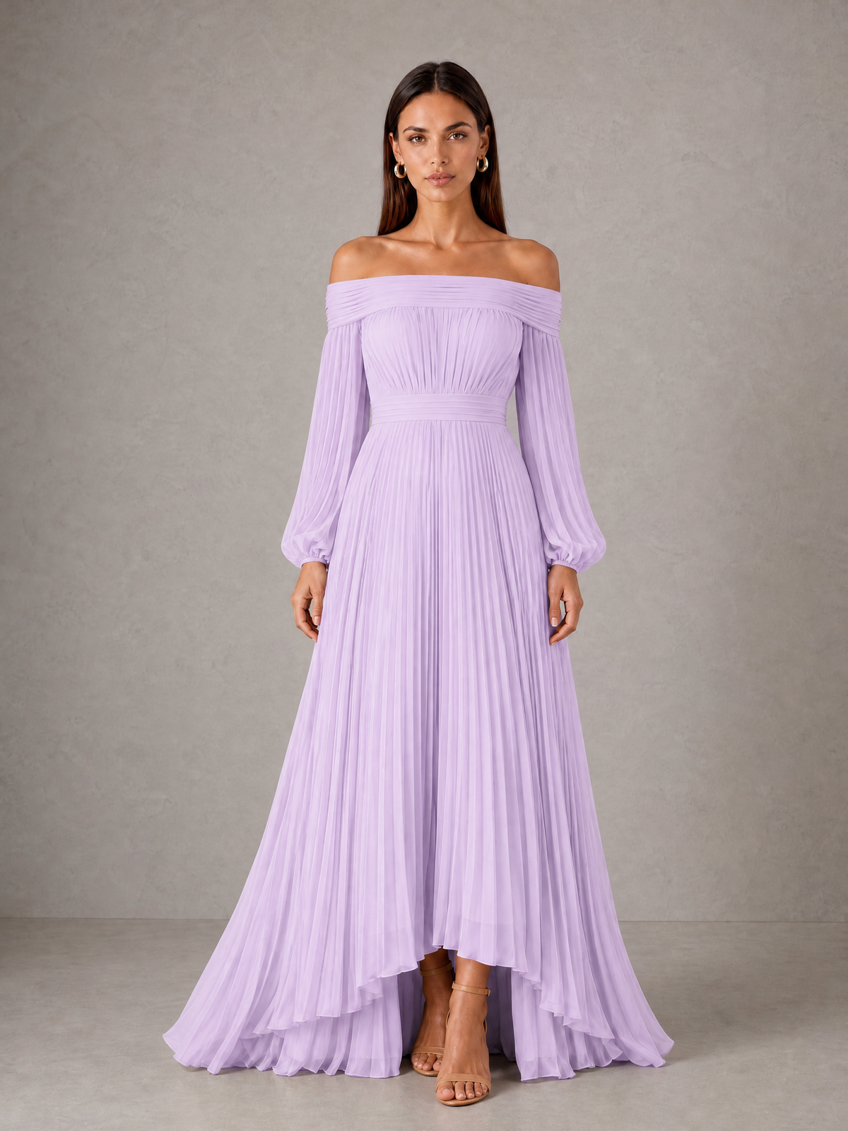 BOLODOO Lilac Off-Shoulder Long Sleeve Pleated High-Low Dress - Lilac - Lilac_1