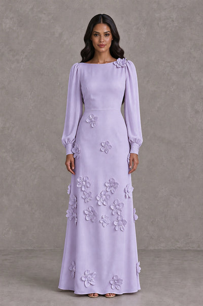 BOLODOO Lilac Long Sleeve Floral Applique A-Line Evening Dress - Lilac - Lilac_1