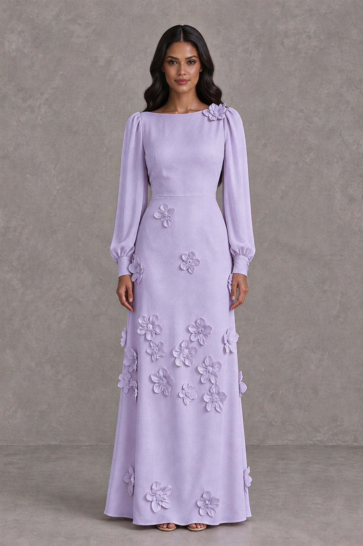 BOLODOO Lilac Long Sleeve Floral Applique A-Line Evening Dress - Lilac - Lilac_1