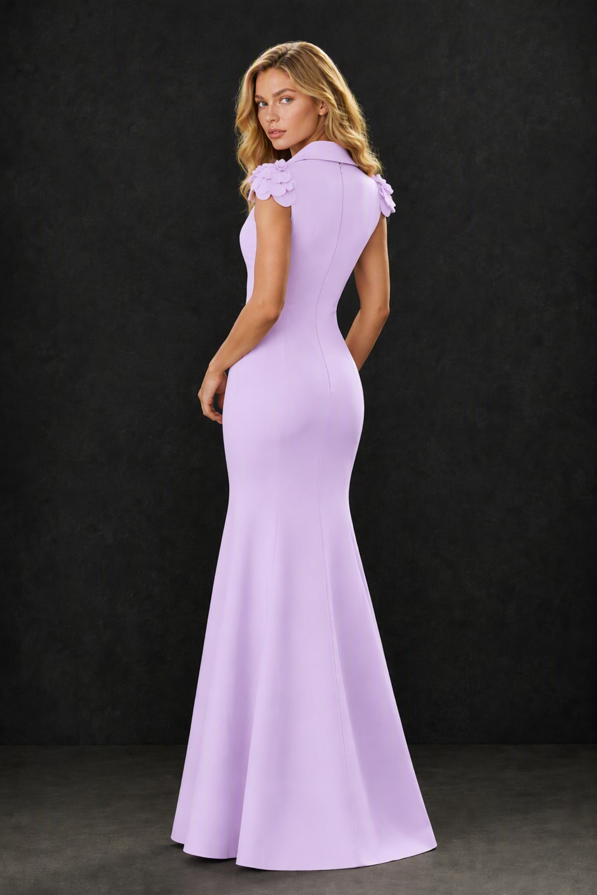 BOLODOO Lilac 3D Floral Appliqué Deep V-Neck Cap Sleeve Mermaid Gown - Lilac