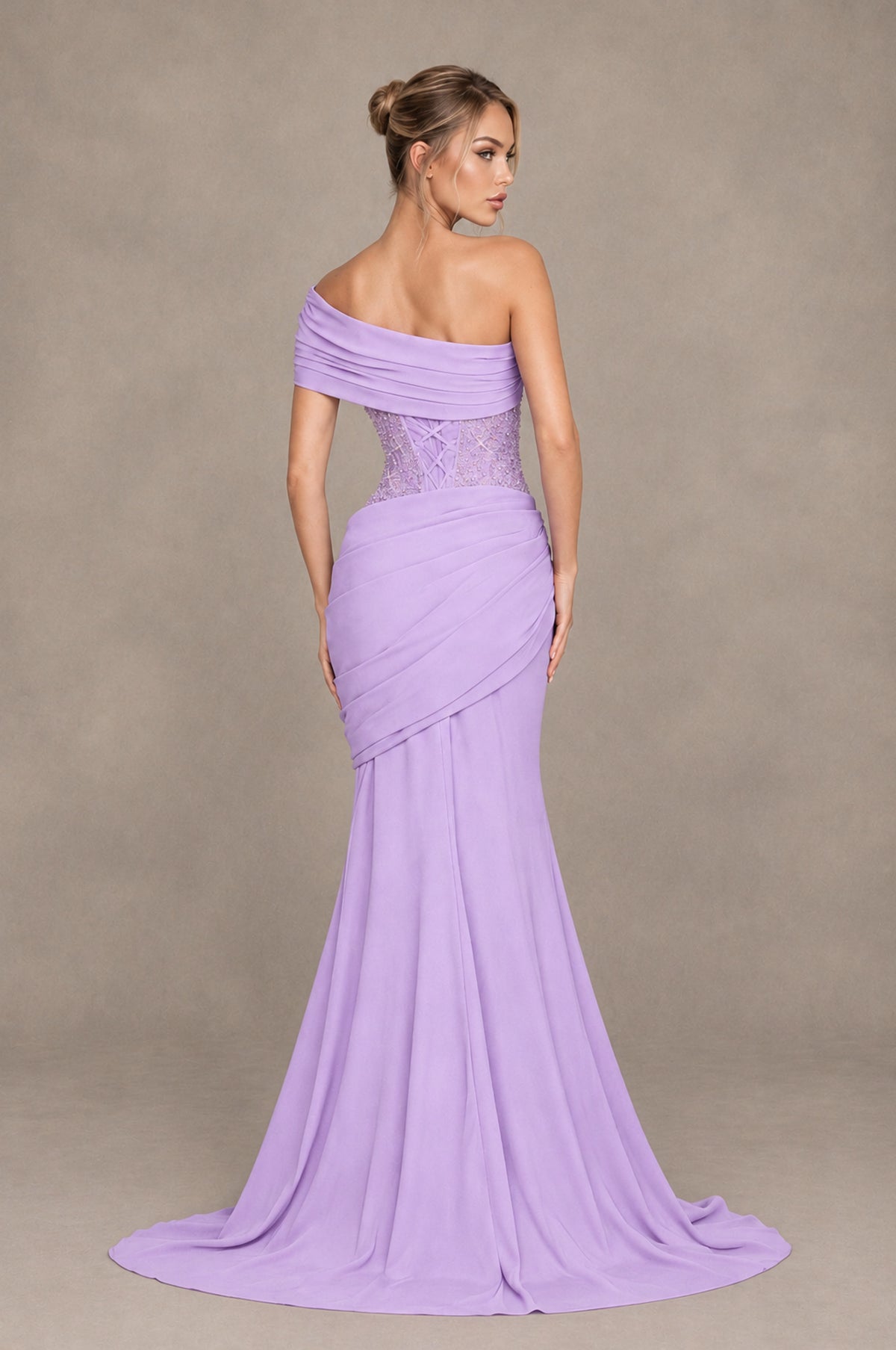 BOLODOO Lilac One-Shoulder Sequin Embroidered Ruched Mermaid Gown with Train - Lilac - Lilac_2