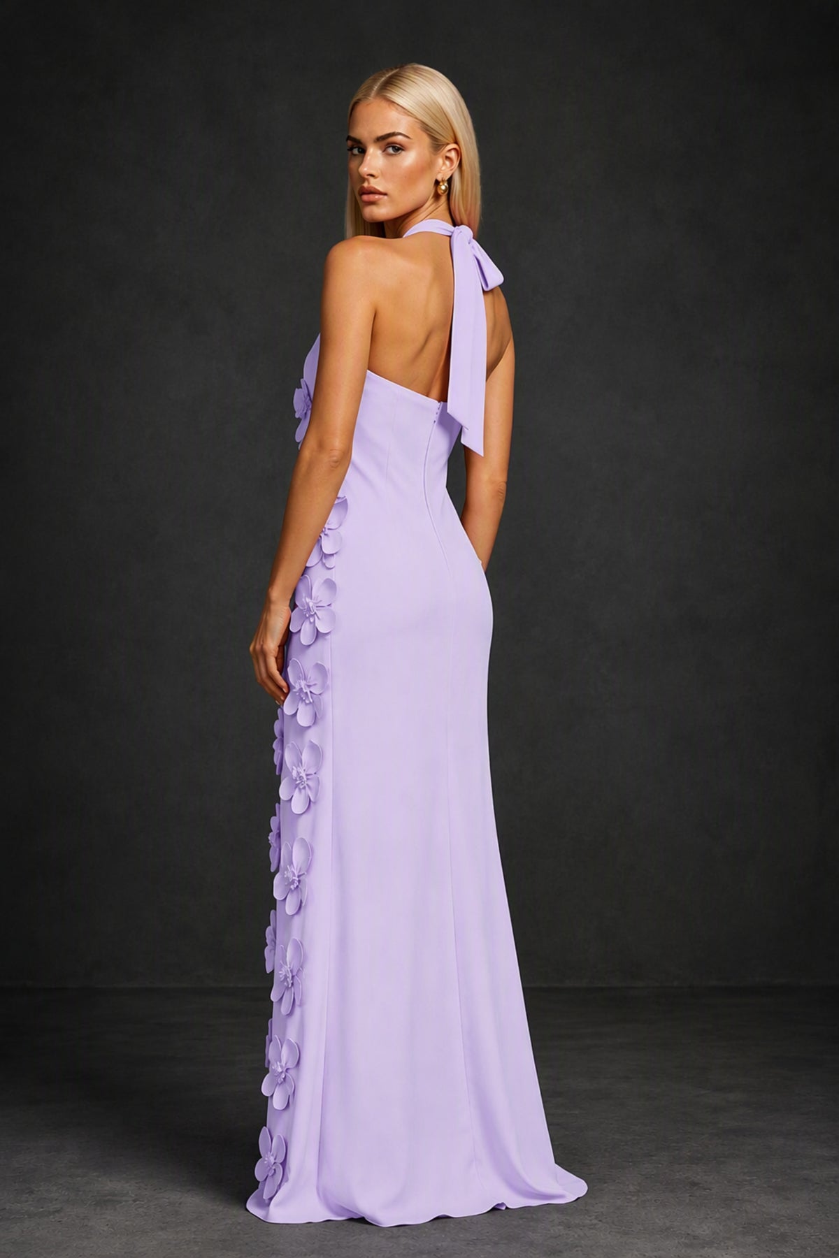 BOLODOO Lilac Cross Halter Neck 3D Floral Appliqué Backless Mermaid Maxi Gown - Lilac