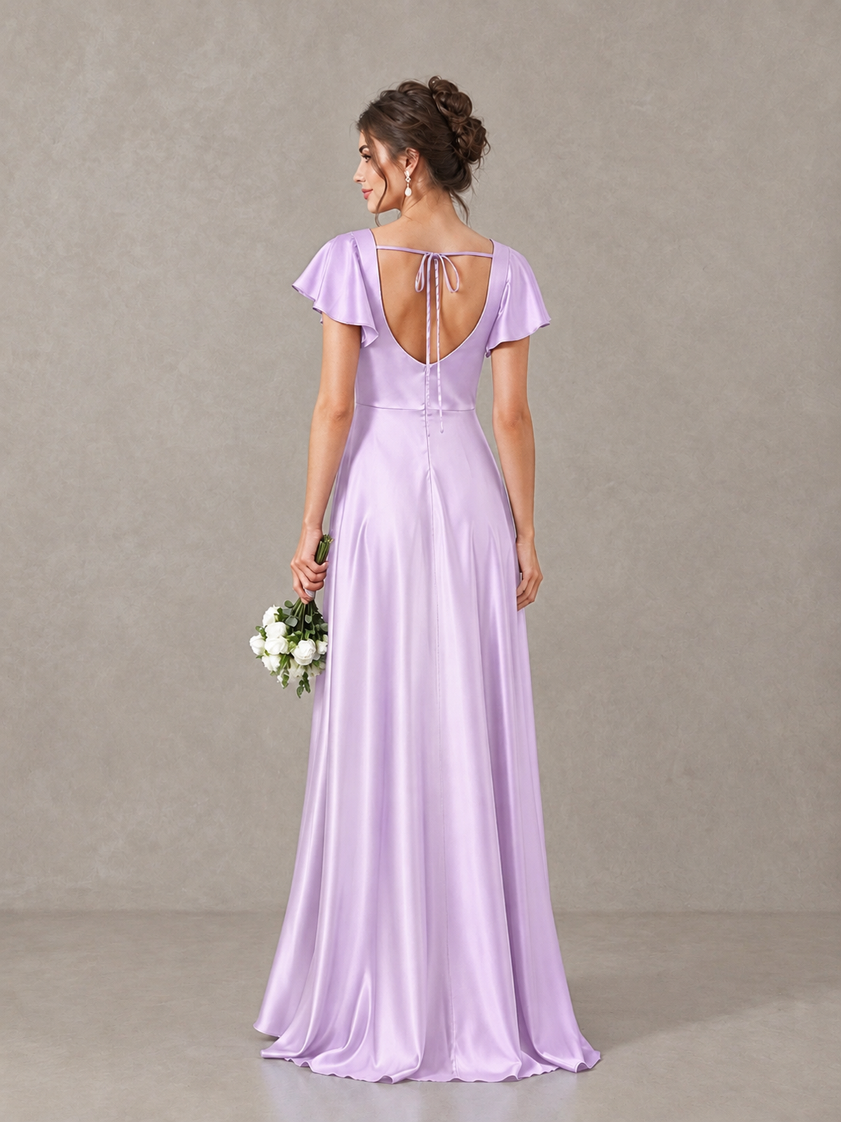 BOLODOO Lilac Satin Square Neck Flutter Sleeve A-Line Bridesmaid Dress with Slit - Lilac - Lilac_2