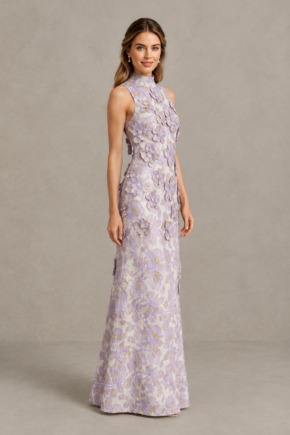 BOLODOO Lilac High Neck Sleeveless 3D Floral Evening Gown - Lilac