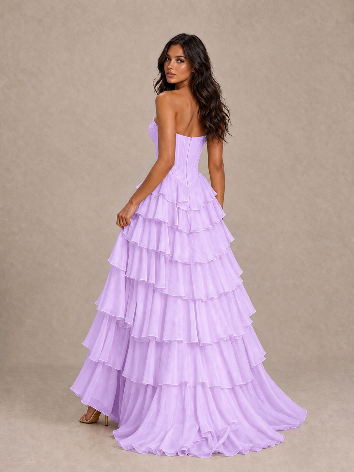 BOLODOO Lilac Strapless Corset Tiered Ruffle Prom Dress with High Slit - Lilac - Lilac_2
