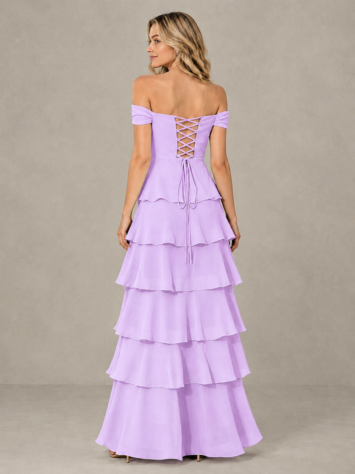 BOLODOO Lilac Off-Shoulder Tiered Ruffle Bridesmaid Dress with Lace-Up Back - Lilac - Lilac_2