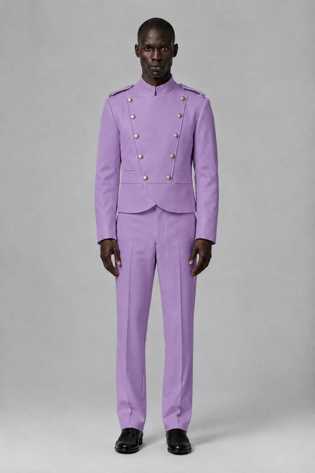 Bolodoo Men's Lilac Military-Inspired Two-Piece Suit with Stand Collar - Lilac - Lilac_2