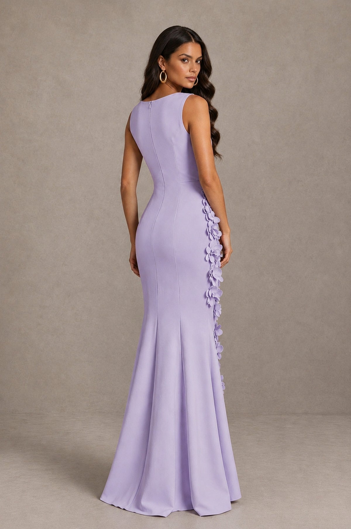 BOLODOO Lilac Bateau Neck Sleeveless Asymmetric Peplum 3D Petal Appliqué Mermaid Gown BD0421 - Lilac - Lilac_2