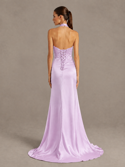 BOLODOO Lilac Halter Satin Evening & Prom Dress with High Slit - Lilac - Lilac_2