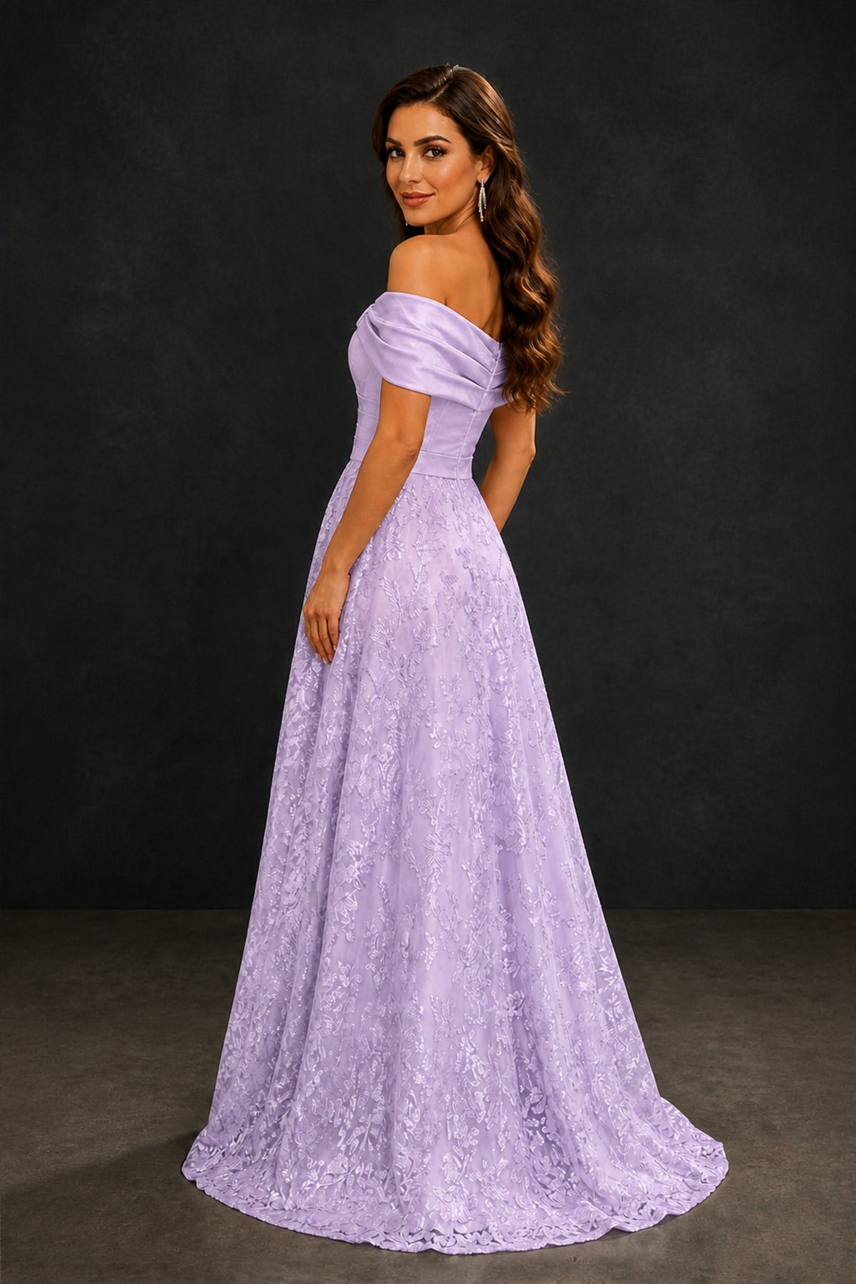 BOLODOO Lilac Lace Glitter Off Shoulder Cap Sleeve A-Line Ball Gown with Train – Formal Evening Dress - Lilac
