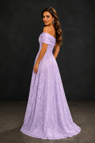 BOLODOO Lilac Lace Glitter Off Shoulder Cap Sleeve A-Line Ball Gown with Train – Formal Evening Dress - Lilac