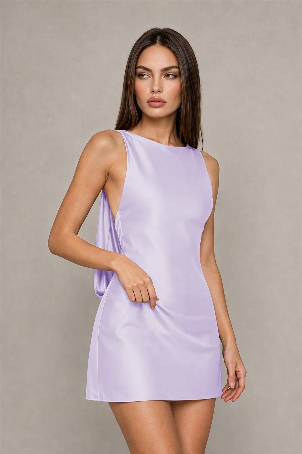 BOLODOO Lilac Satin Bateau Neck Cowl Open Back Pearl Chain Mini Dress | Cocktail Party Date Night Dress - Lilac