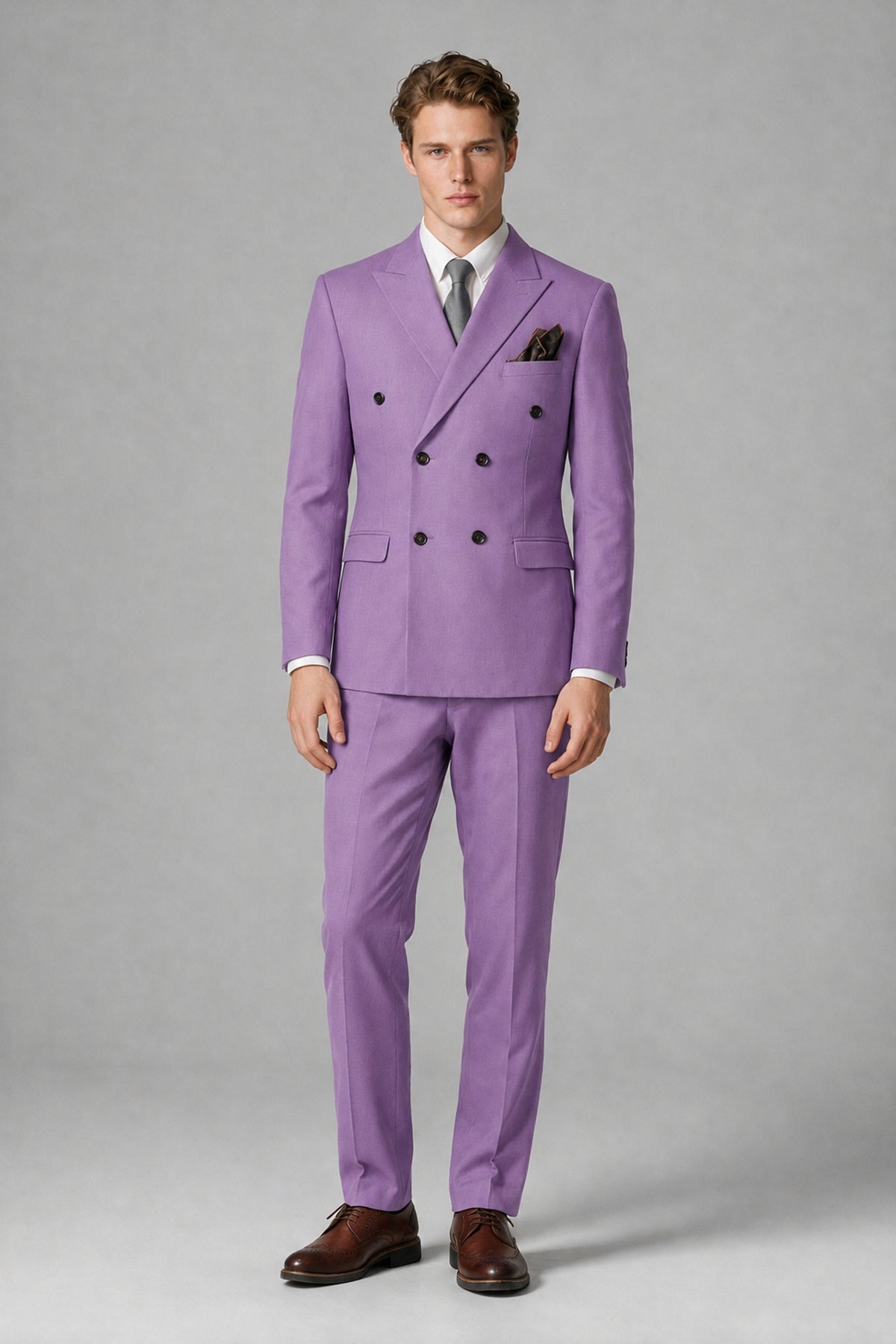 Bolodoo Men's Lilac Double-Breasted Two-Piece Suit with Peak Lapels - Lilac - Lilac_2