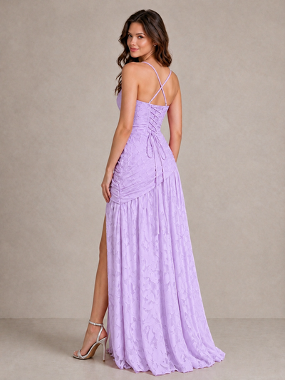 BOLODOO Lilac Floral Jacquard Bridesmaid Dress with Square Neck, Lace-Up Back & High Slit - Lilac - Lilac_2