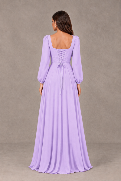 BOLODOO Lilac Square Neck Long Sleeve A-Line Bridesmaid Dress - Lilac - Lilac_2