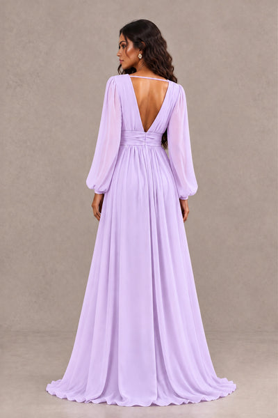 BOLODOO Lilac Long Sleeve V-Neck A-Line Gown with Open Back & Slit - Lilac - Lilac_2