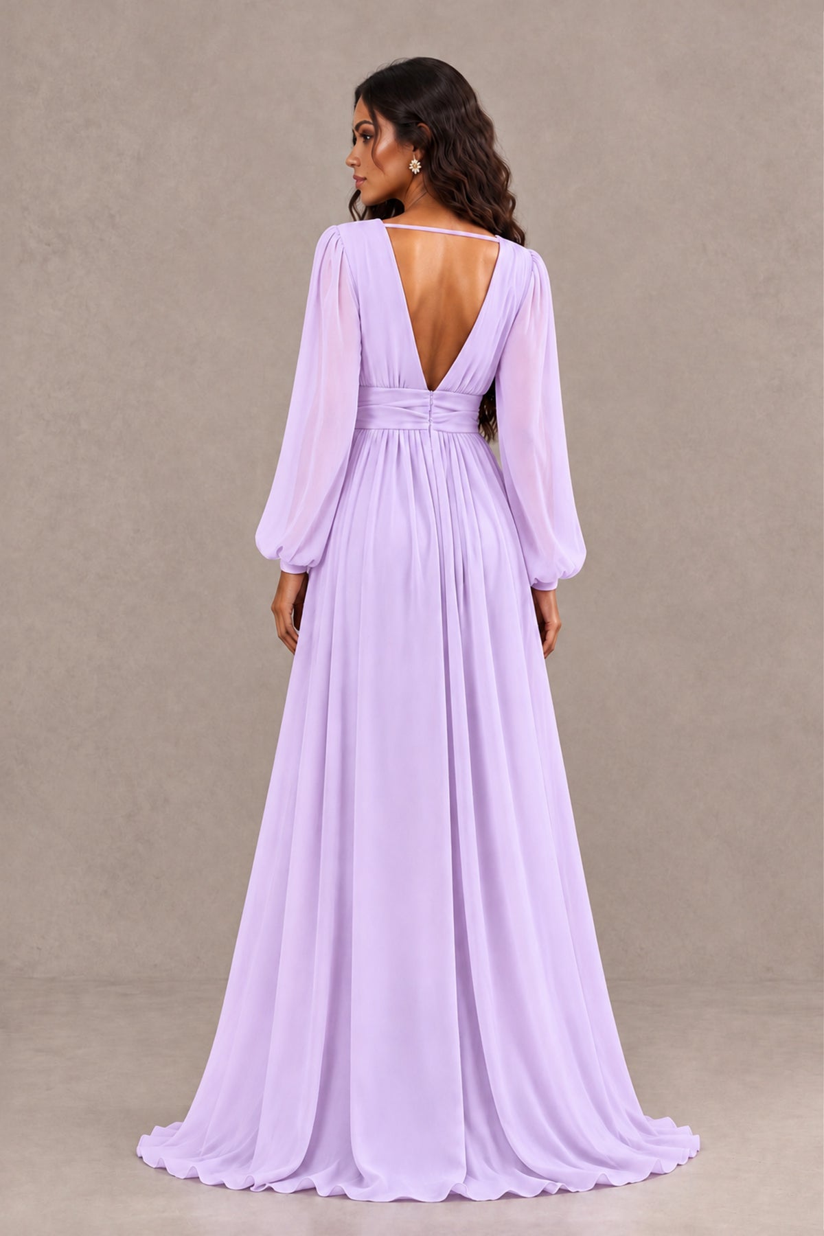 BOLODOO Lilac Long Sleeve V-Neck A-Line Gown with Open Back & Slit - Lilac - Lilac_2