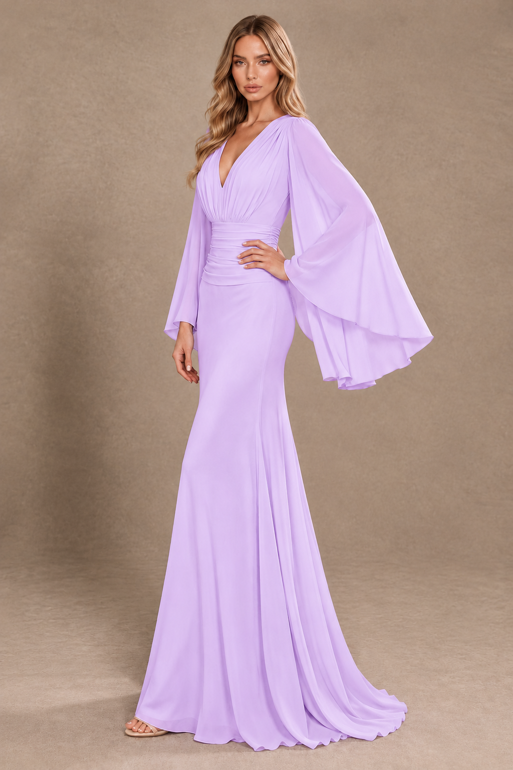 BOLODOO Lilac Cape Sleeve V-Neck Ruched Chiffon Evening Dress - Lilac - Lilac_2
