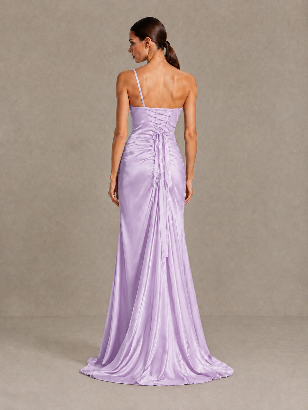 BOLODOO Lilac One Shoulder Satin Evening Gown with High Slit and Sweep Train - Lilac - Lilac_2