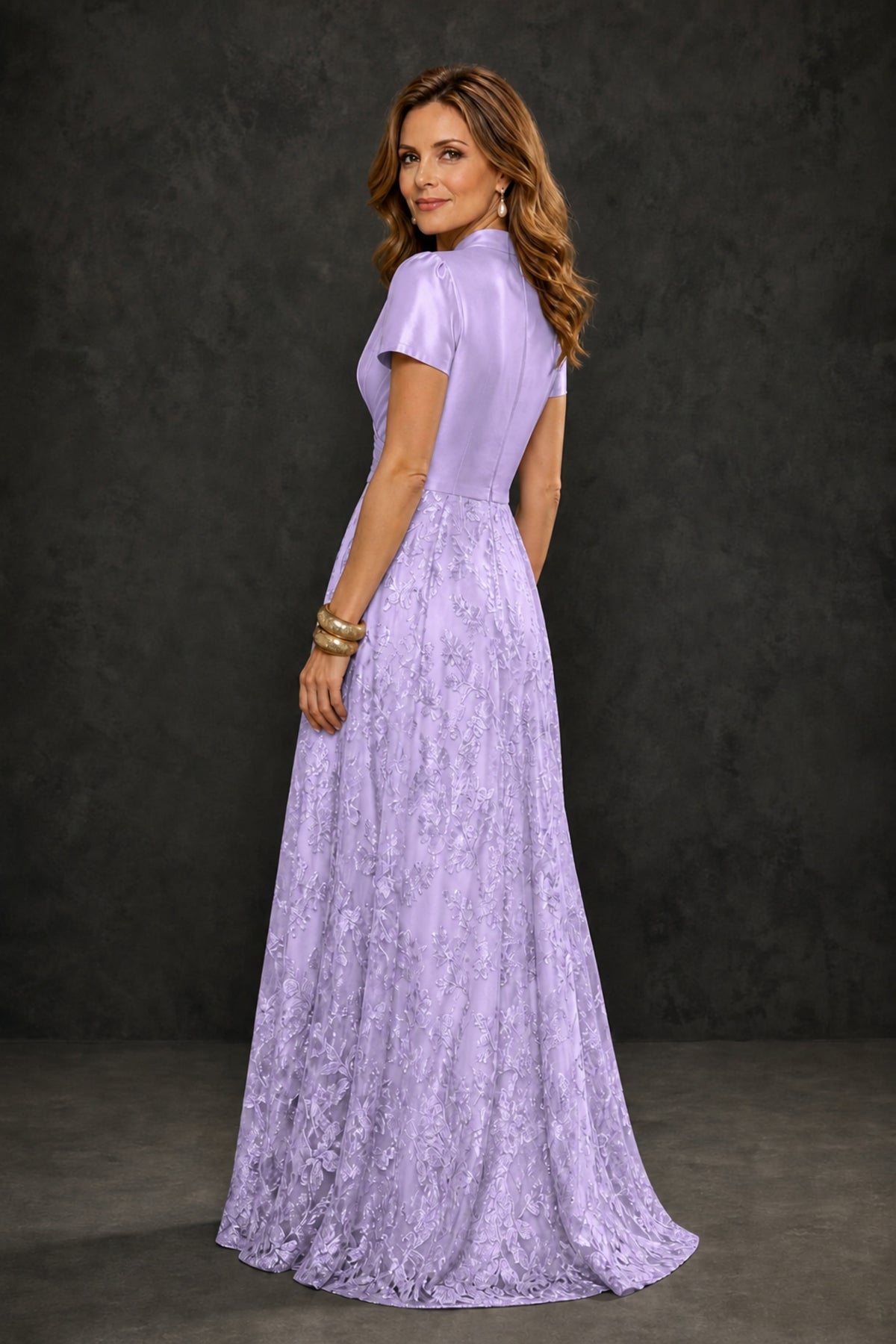 BOLODOO Lilac Satin Wrap V-Neck Short Sleeve Lace Glitter A-Line Floor Length Evening Gown – Formal Dress - Lilac