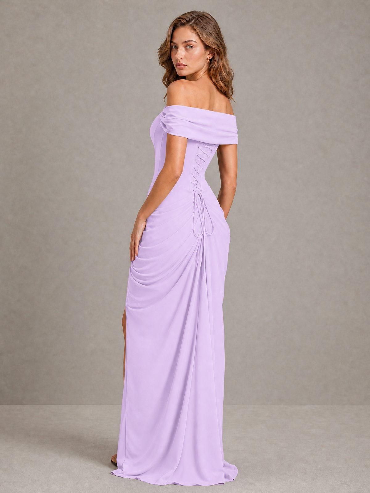 BOLODOO Lilac Off-Shoulder Ruched Corset Wedding Guest Dress with Slit - Lilac - Lilac_2