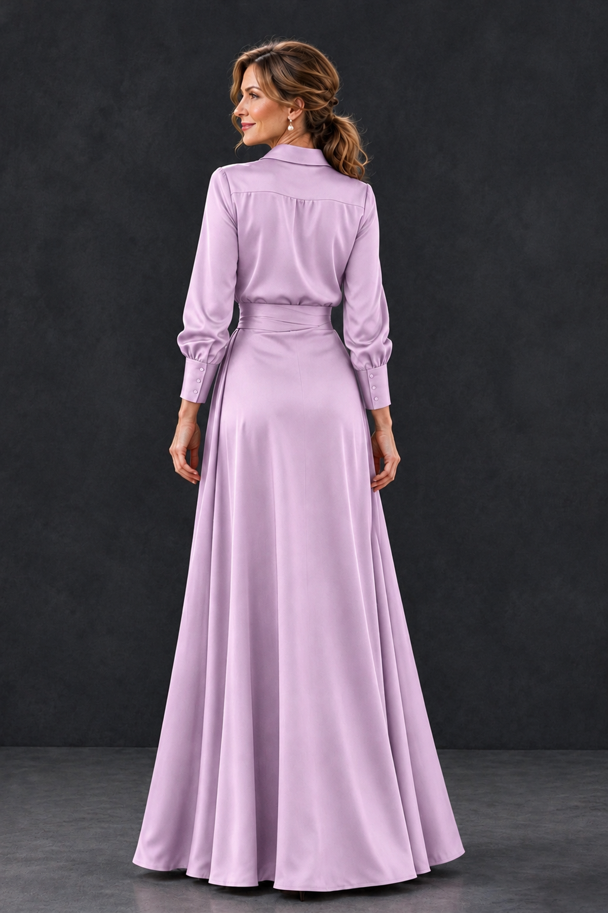 BOLODOO Lilac Long Sleeve Satin-Look Lace Panel Gown - Lilac - Lilac_2