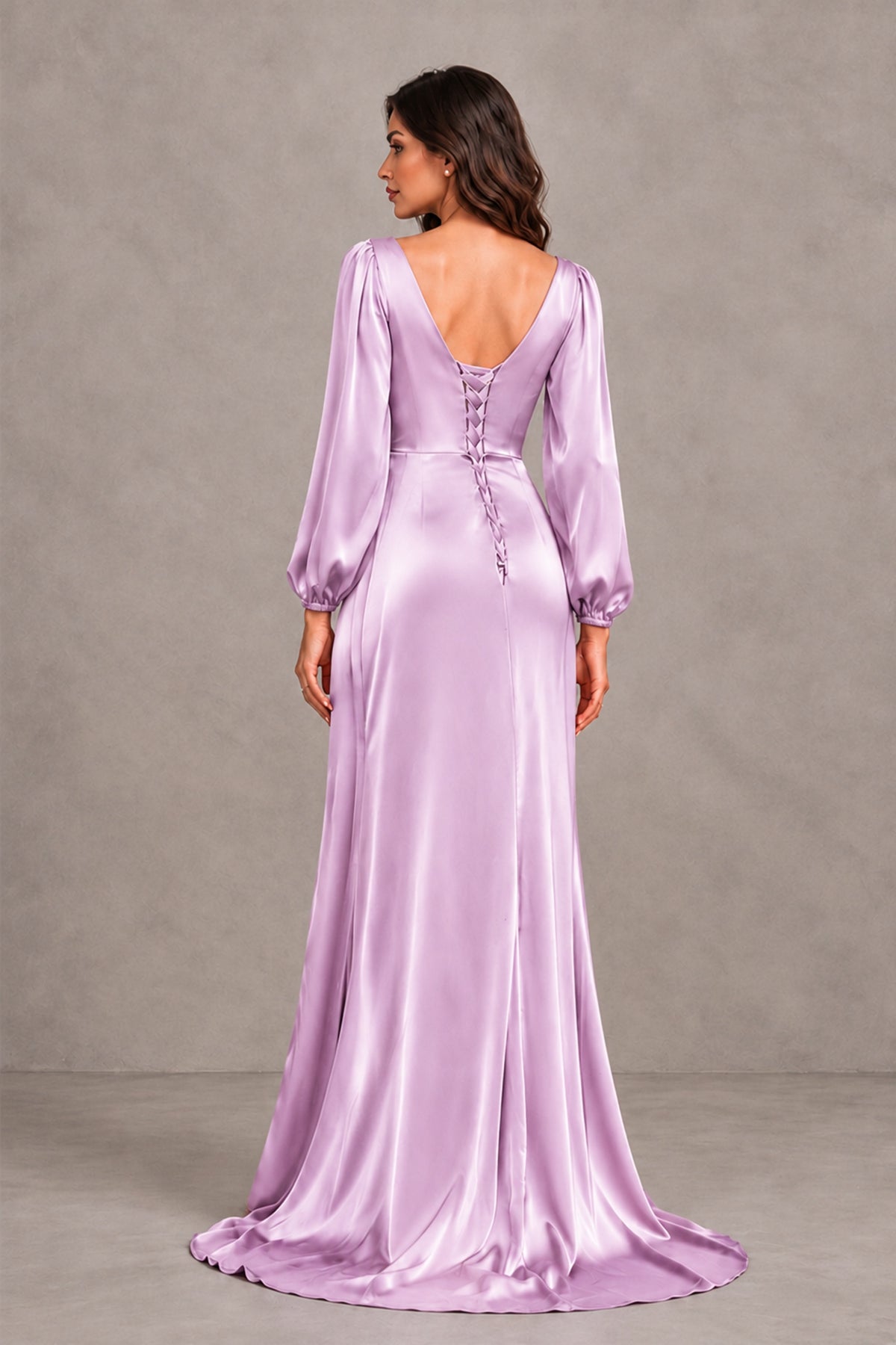BOLODOO Lilac Satin-Look Long Sleeve Evening Dress with High Slit - Lilac - Lilac_2