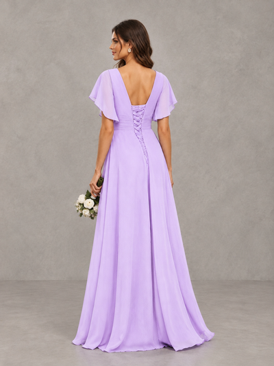 BOLODOO Lilac Flutter Sleeve V-Neck Bridesmaid Dress with Ruffle Slit - Lilac - Lilac_2
