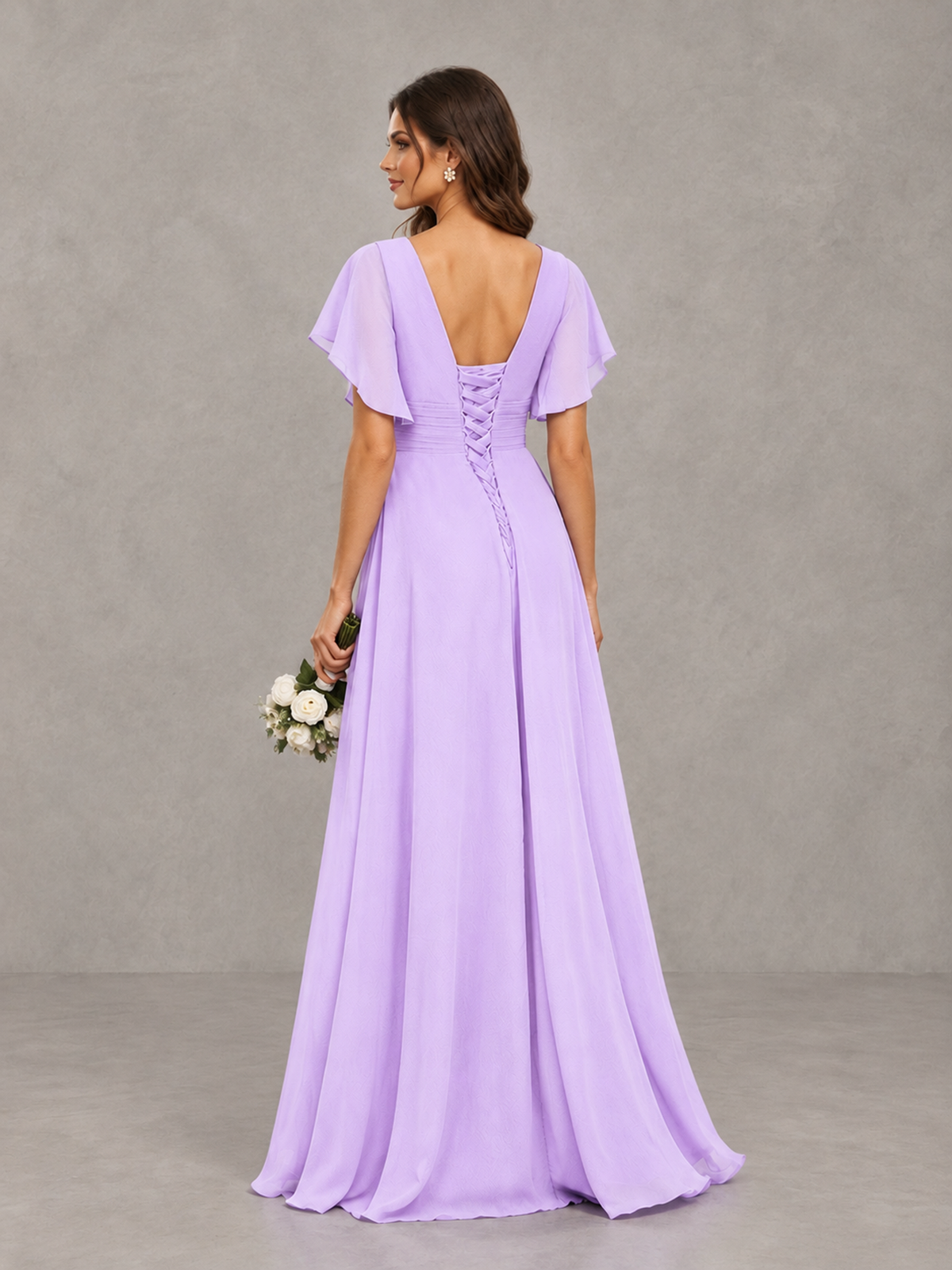 BOLODOO Lilac Flutter Sleeve V-Neck Bridesmaid Dress with Ruffle Slit - Lilac - Lilac_2