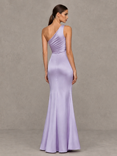 BOLODOO Lilac One-Shoulder Ruched Satin-Look Evening Gown with High Slit - Lilac - Lilac_2