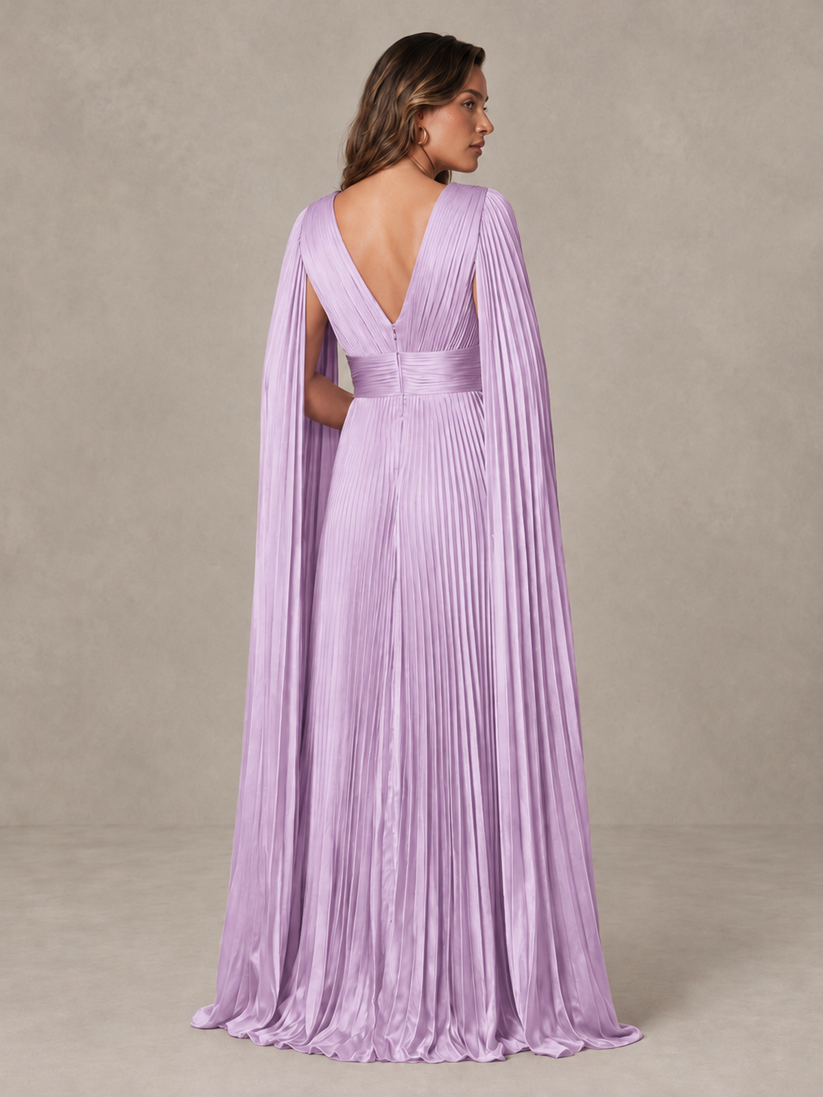 BOLODOO Lilac Deep V-Neck Pleated Cape Sleeve Evening Gown - Lilac - Lilac_2
